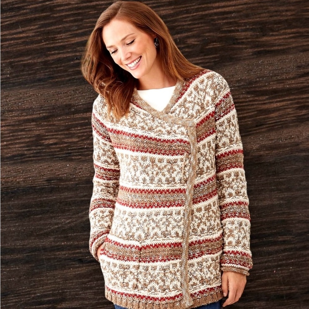 J. Jill Hampshire Chunky Cardigan Sweater $149 Sz L Ivory Tan Wine Pin Closure